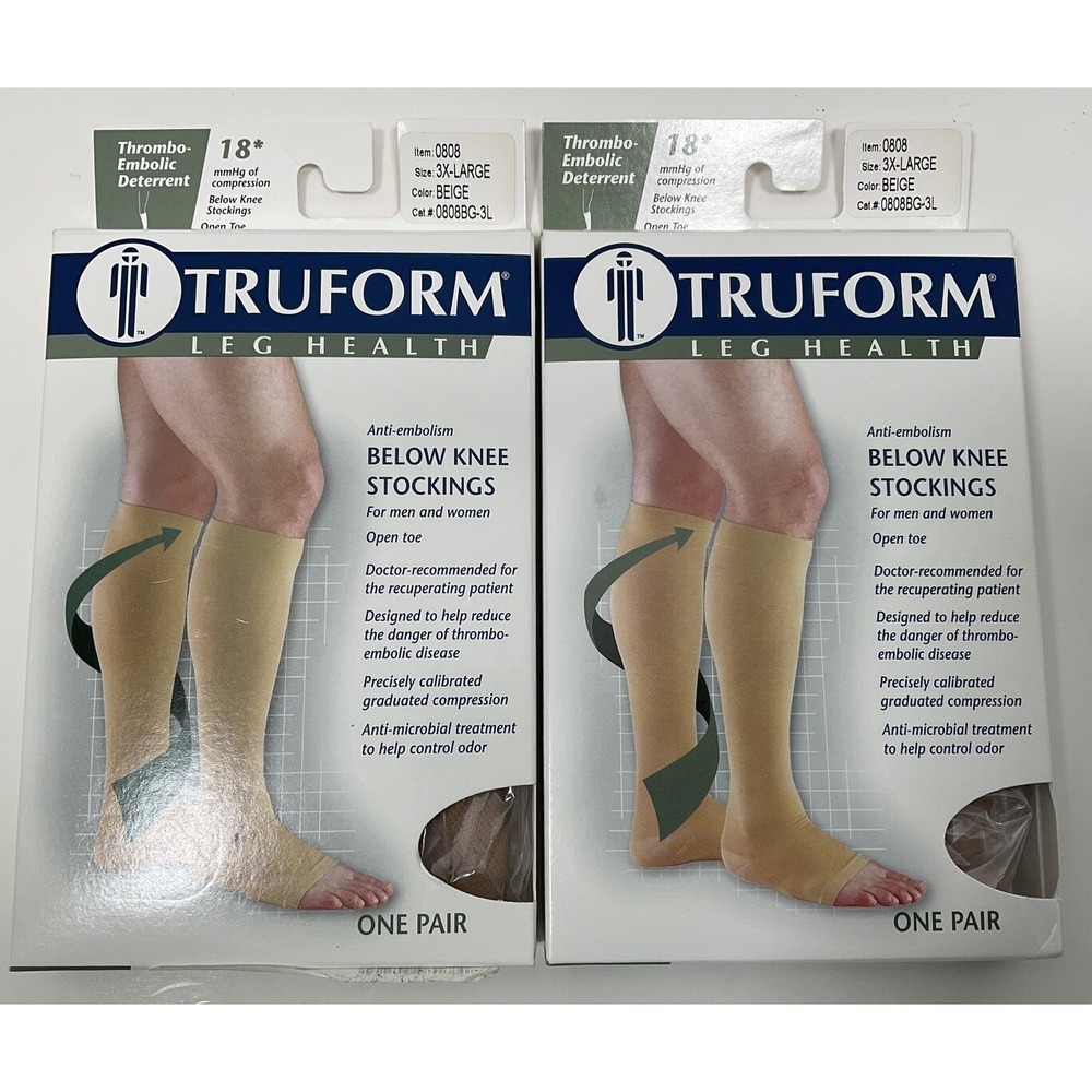 Lot 2 TruForm Thrombosis-Embolic Deterrent Below Knee Open Toe Socks Beige 3XL